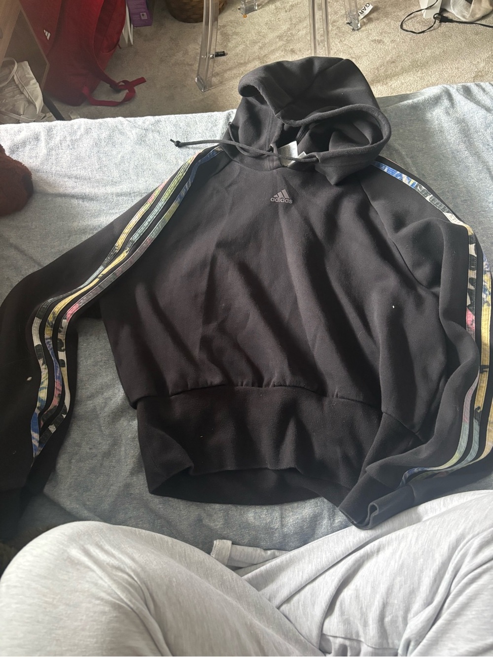 adidas Black Hoodie with Multicolor Stripe Sleeve Detail
